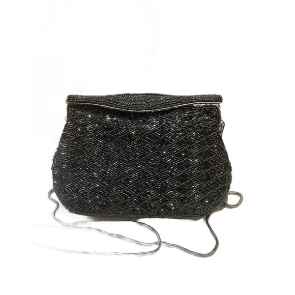 Beaded evening bag with removable chain, pristine condition gun metal gray 90’s - Picture 1 of 5
